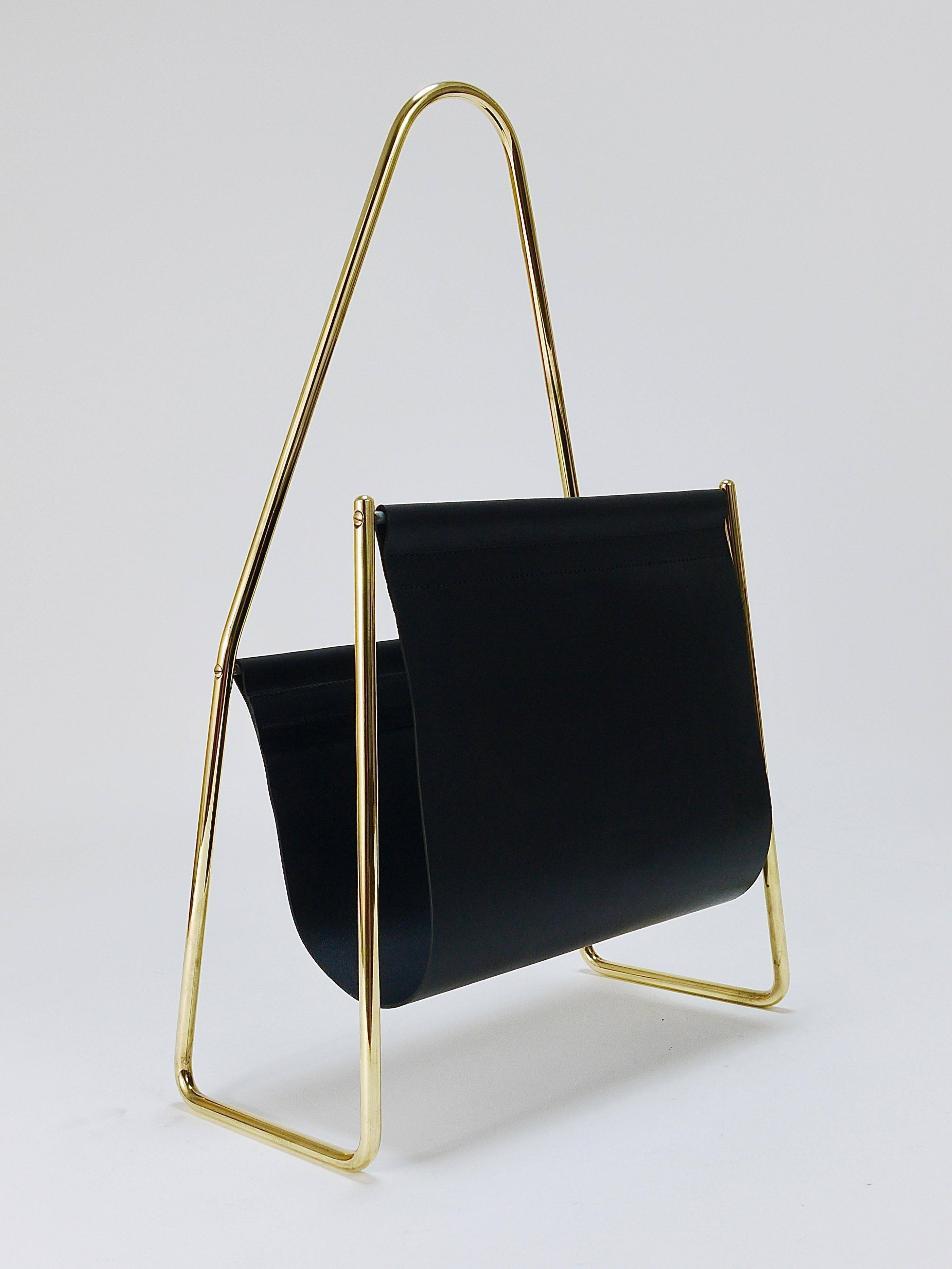 Carl Auböck II Midcentury magazine rack, brass and black leather, vintage, Austria