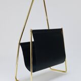Carl Auböck II Midcentury magazine rack, brass and black leather, vintage, Austria