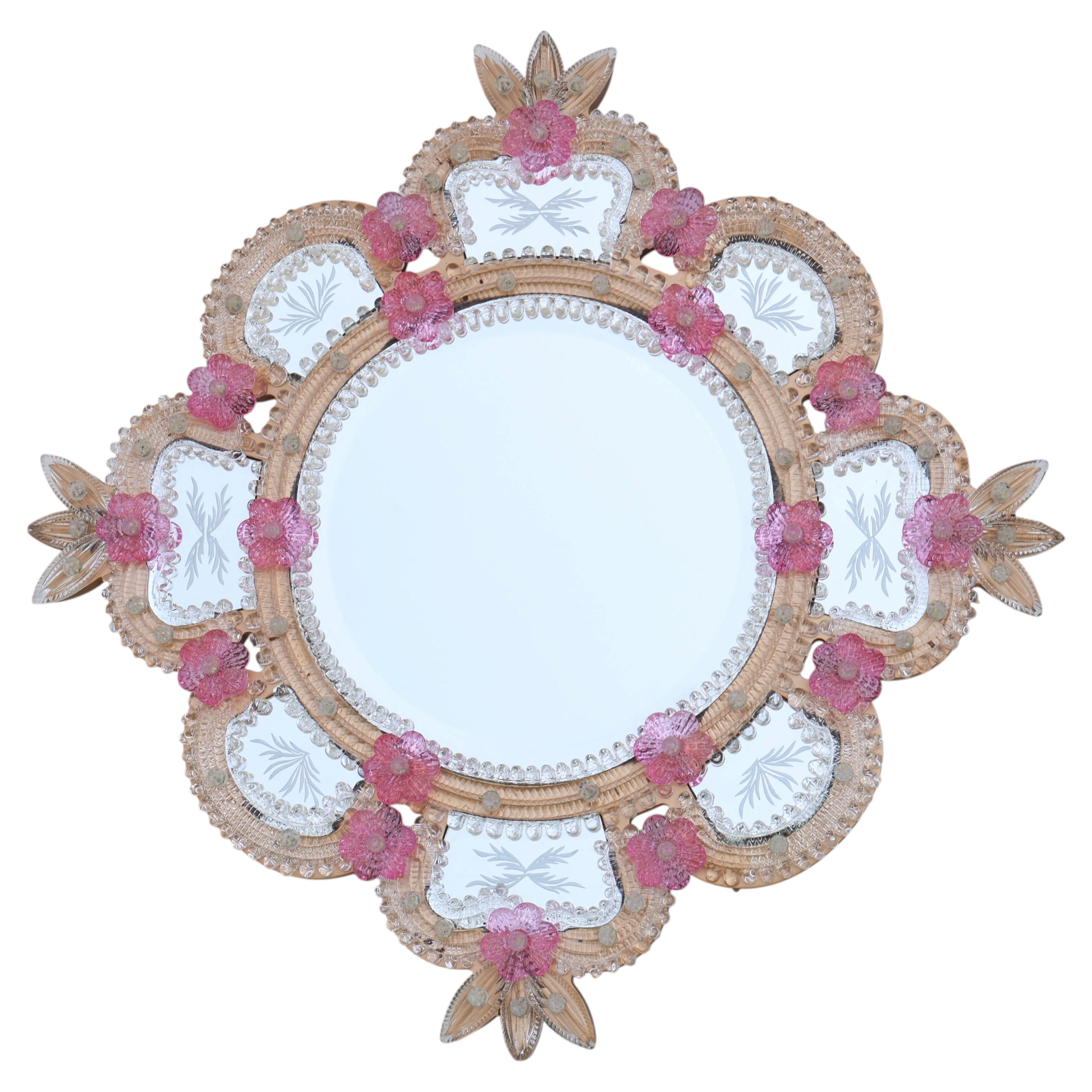 Exceptional Vintage Pink Murano Glass Wall Mirror