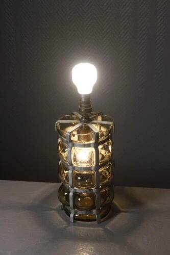 Vintage brutalist lamp with double lighting, blown glass in a cage, 20th-century design.