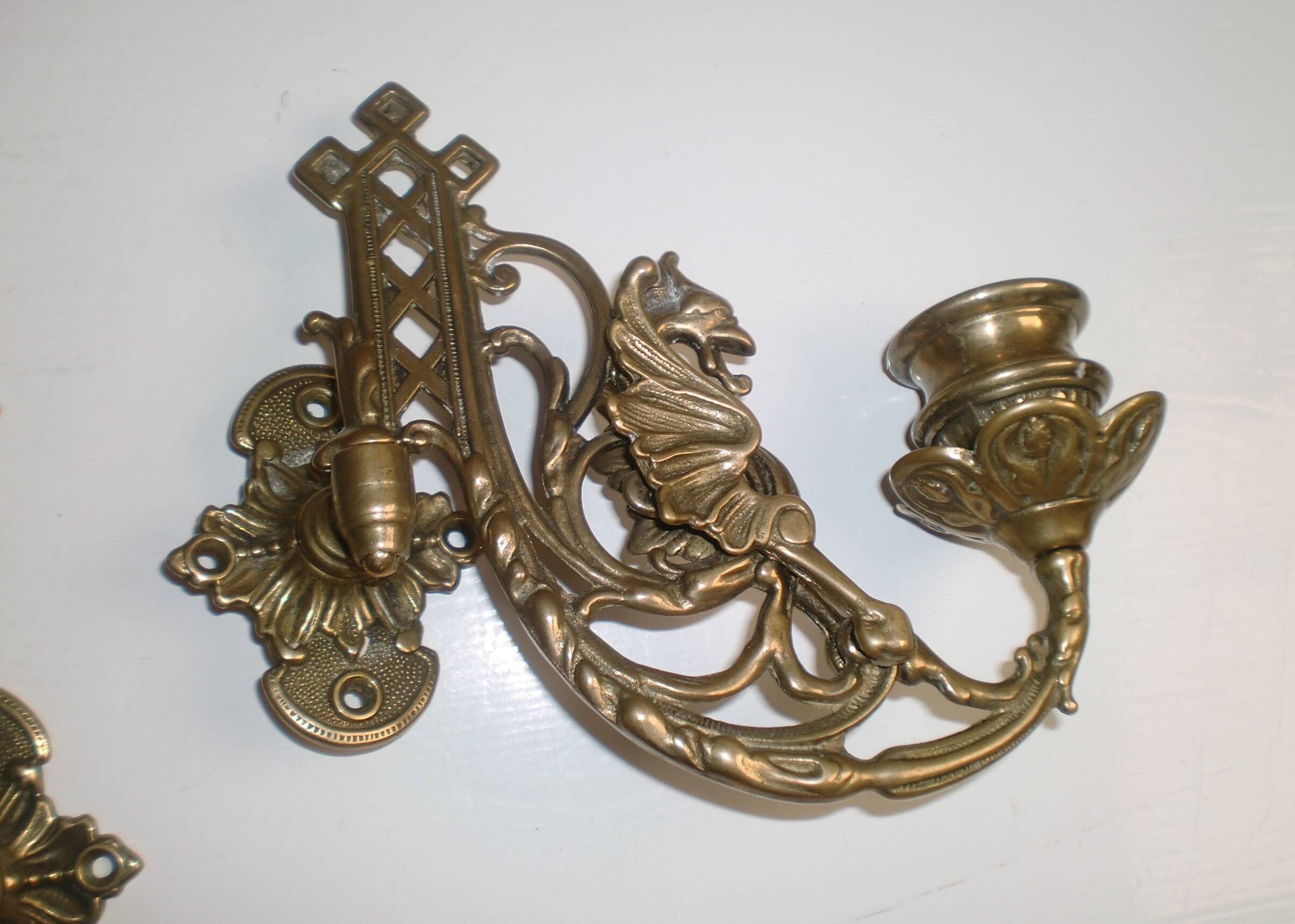 2x Art Nouveau Swivel Arm Piano or Wall Candle Holders Brass Dragon Griffin