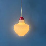 Mid-Century opaline glass suspension with a red upper part and ceiling cover.