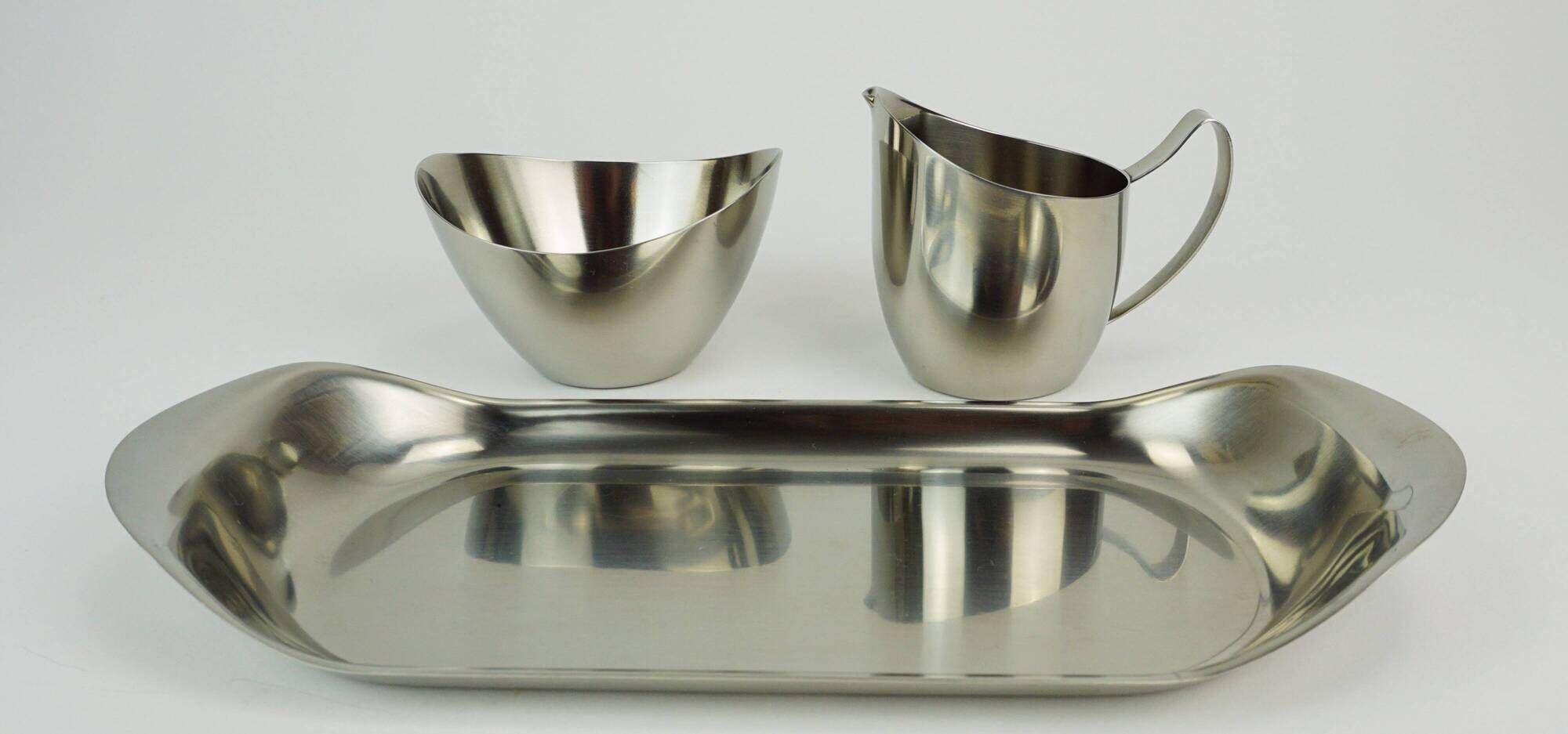 Danish 3-piece set sugar bowl creamer and tray stainless steel