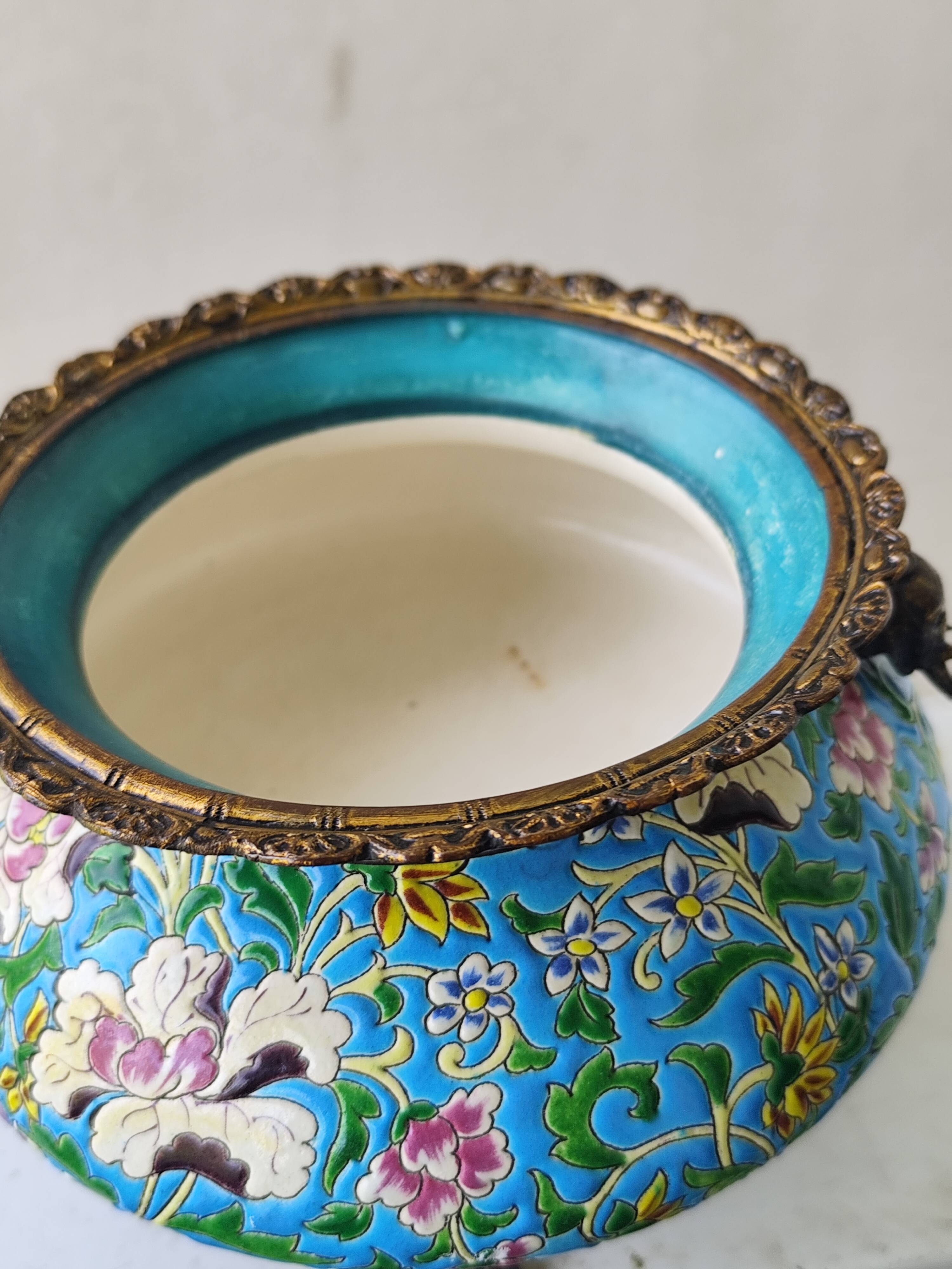 Antique jardinière ceramic enamel Longwy with bronze mount elephant head