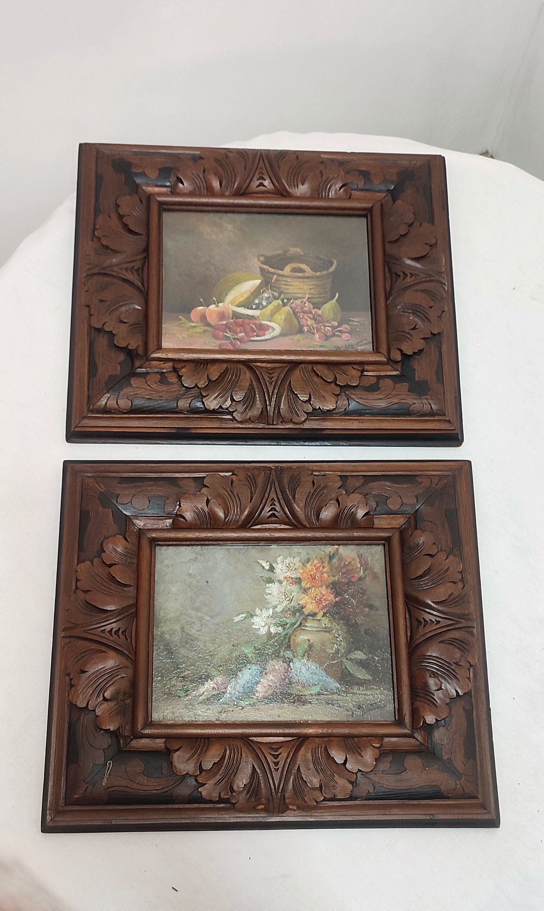 Pair of oils on cardboard with carved wooden frame. Spain 1950s.