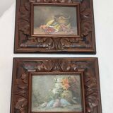 Pair of oils on cardboard with carved wooden frame. Spain 1950s.