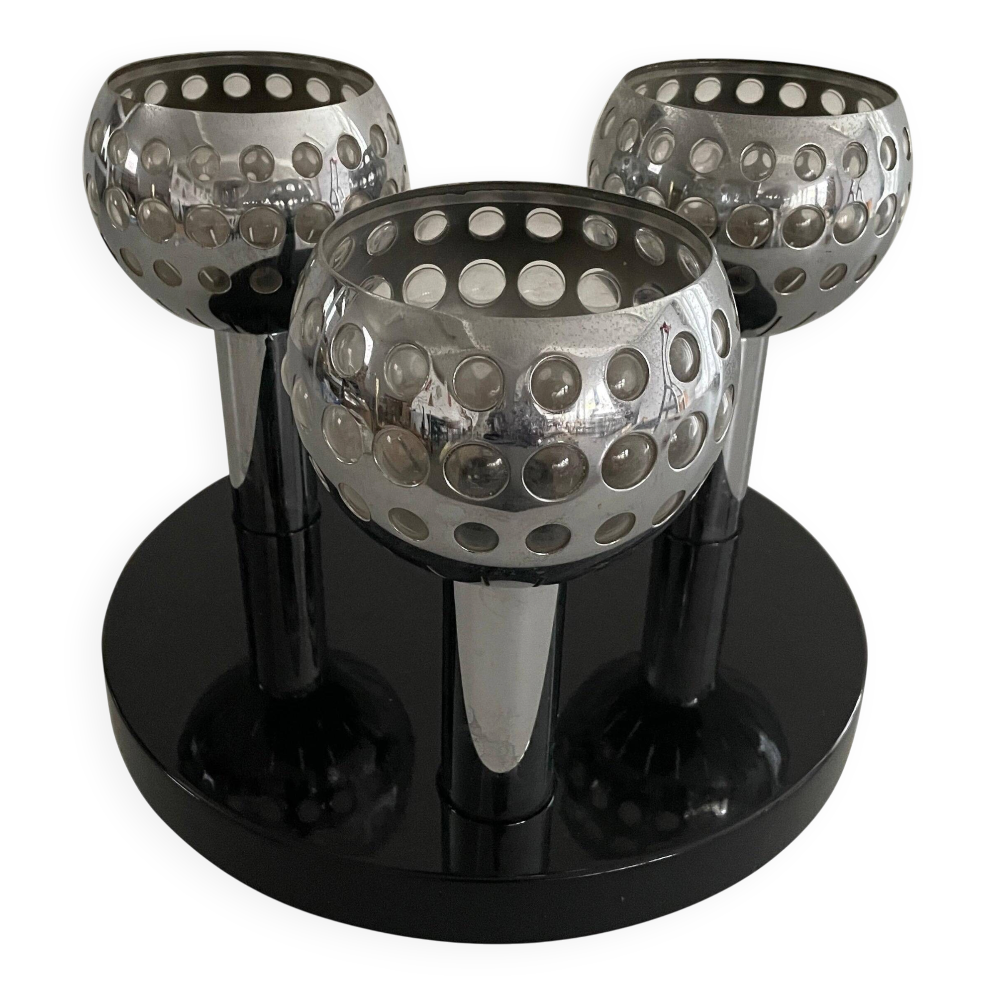 Mid-century ceiling light with 3 shades and wooden base, 1960s, Italy.