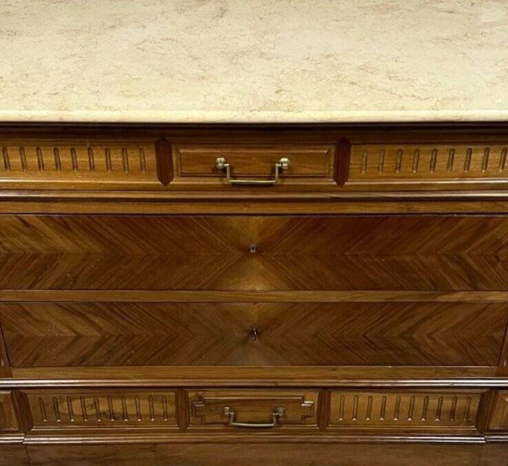 Louis XVI style walnut commode – Marble top – Chevron front