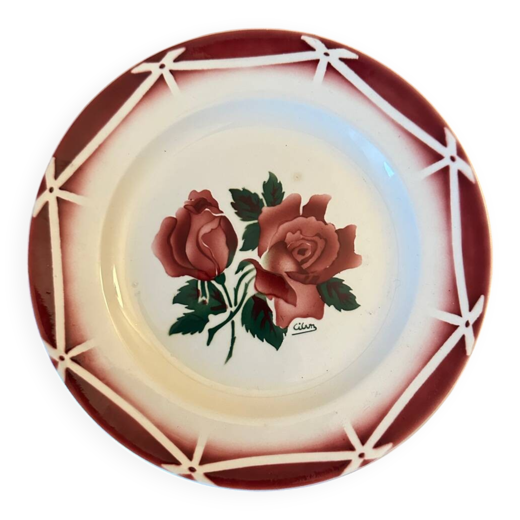 Vintage Cibon Digoin Sarreguemines France Decorative Plate with Rose M