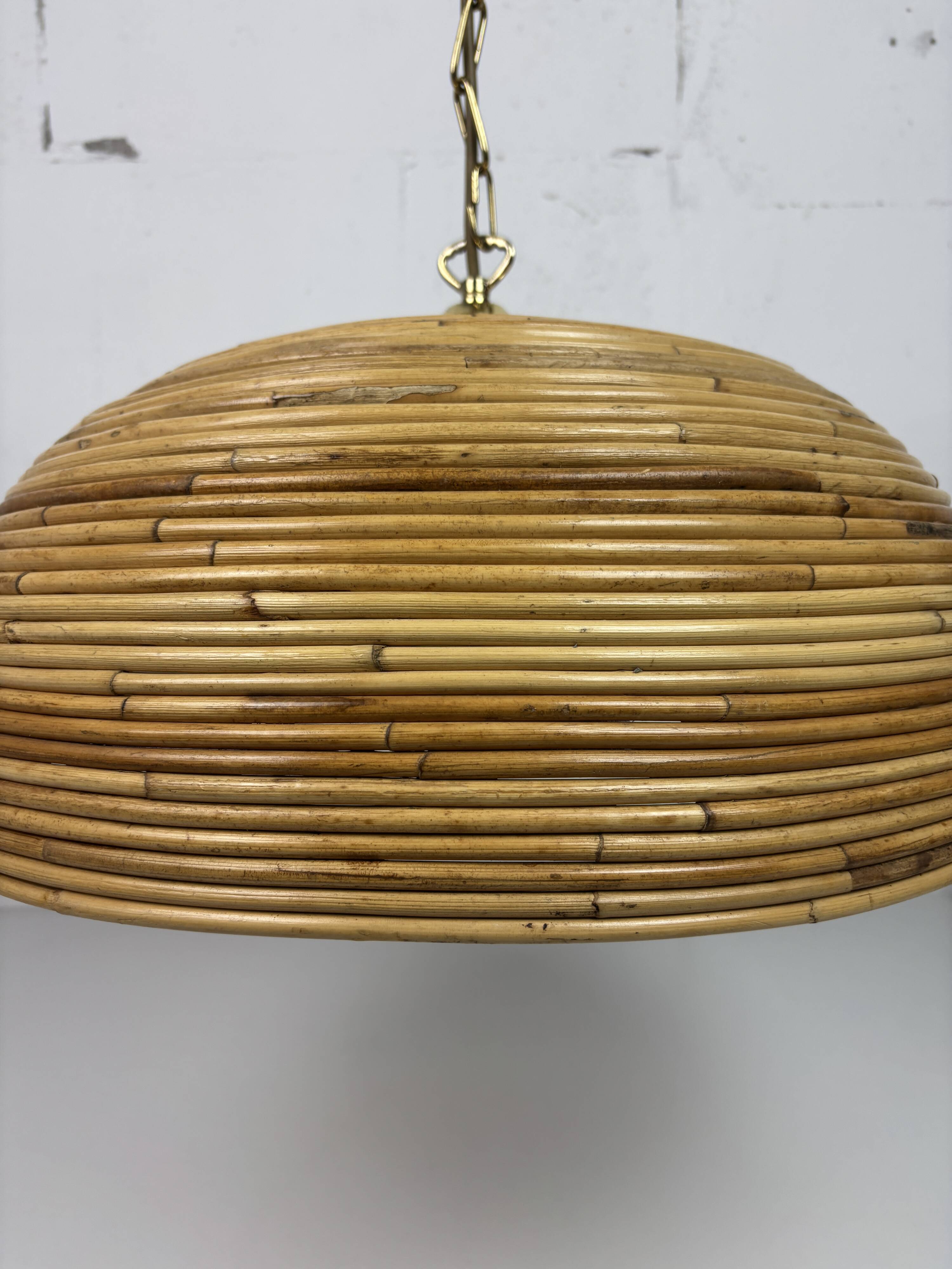 Midcentury Pencil Reed, Rattan, Bamboo and Brass Pendant Hanging Lamp, 1970