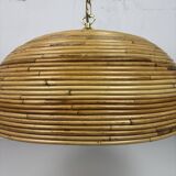 Midcentury Pencil Reed, Rattan, Bamboo and Brass Pendant Hanging Lamp, 1970