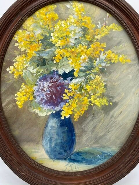 Old painting, still life with mimosas, signed, 60s/80s