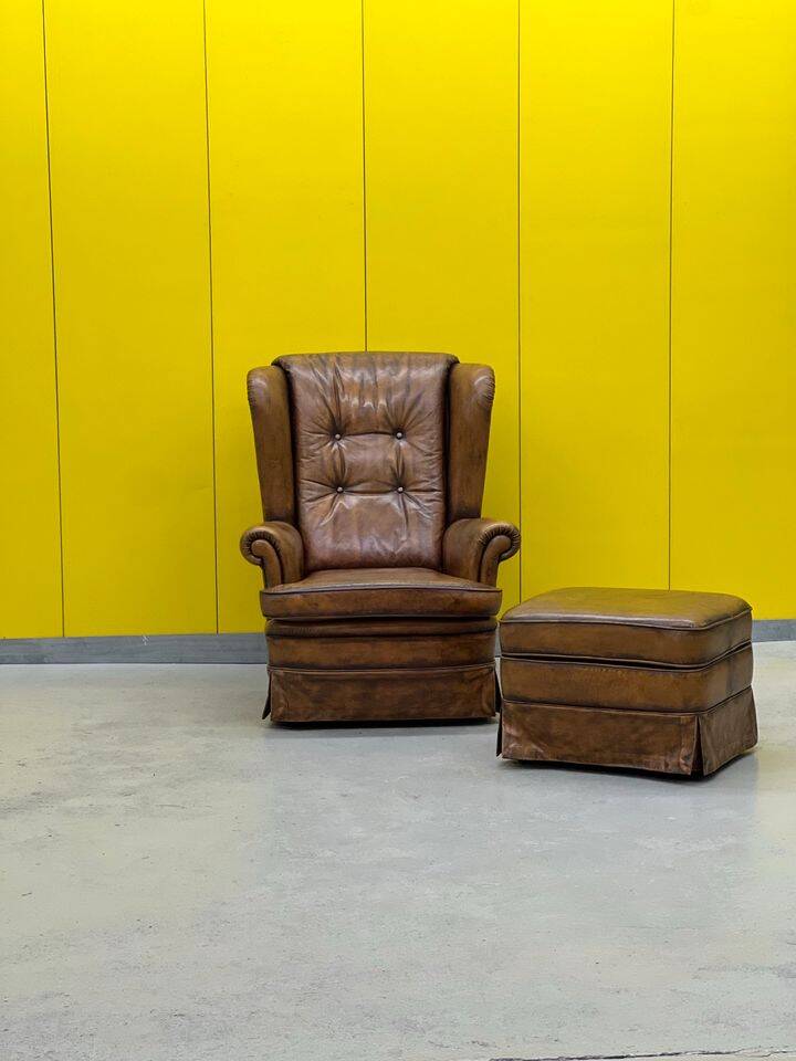 Vintage Chesterfield style wing chair With Ottoman