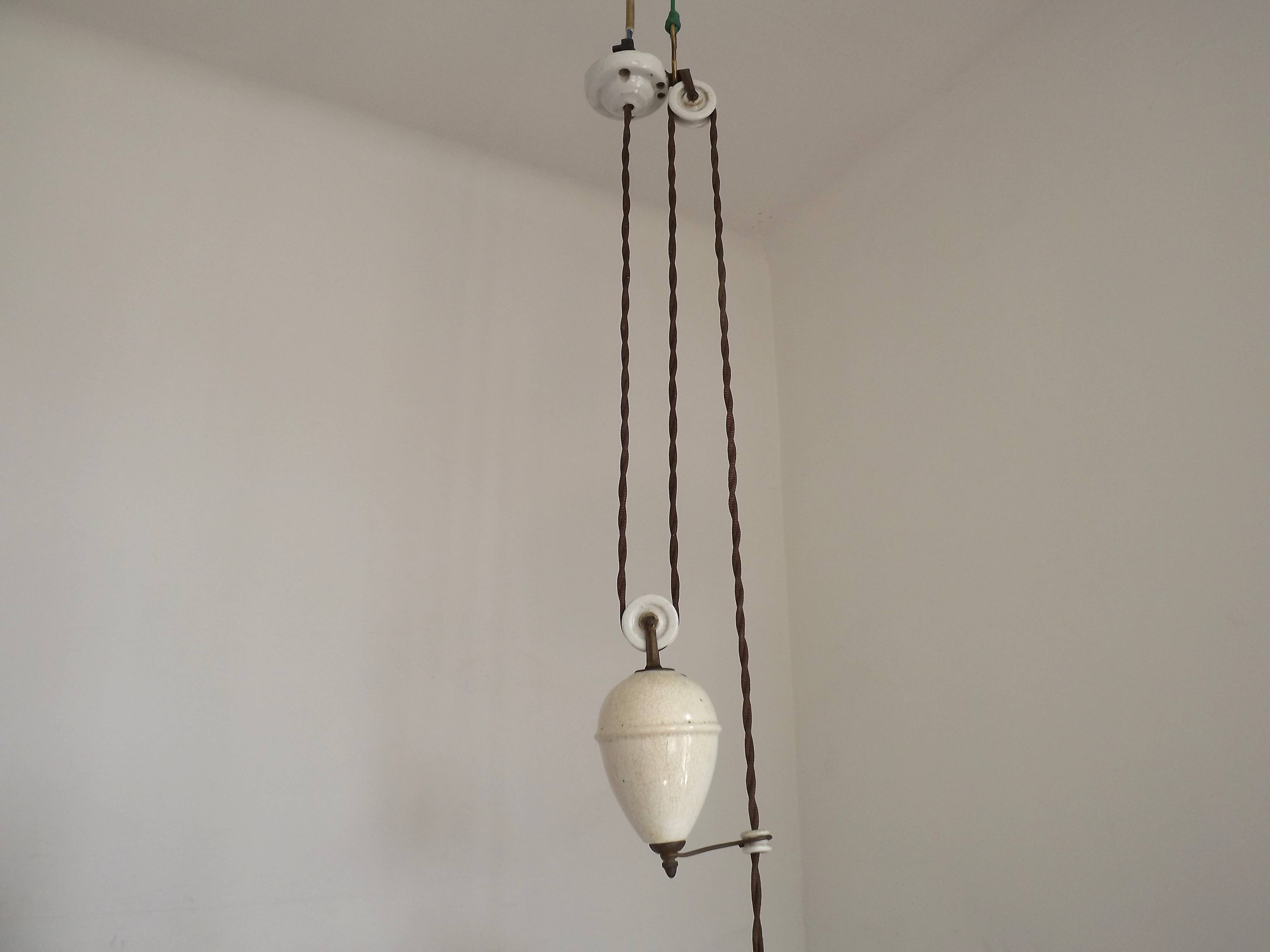 Vintage French Rise & Fall Counterbalance Ceiling Light Opaline Glass Shade
