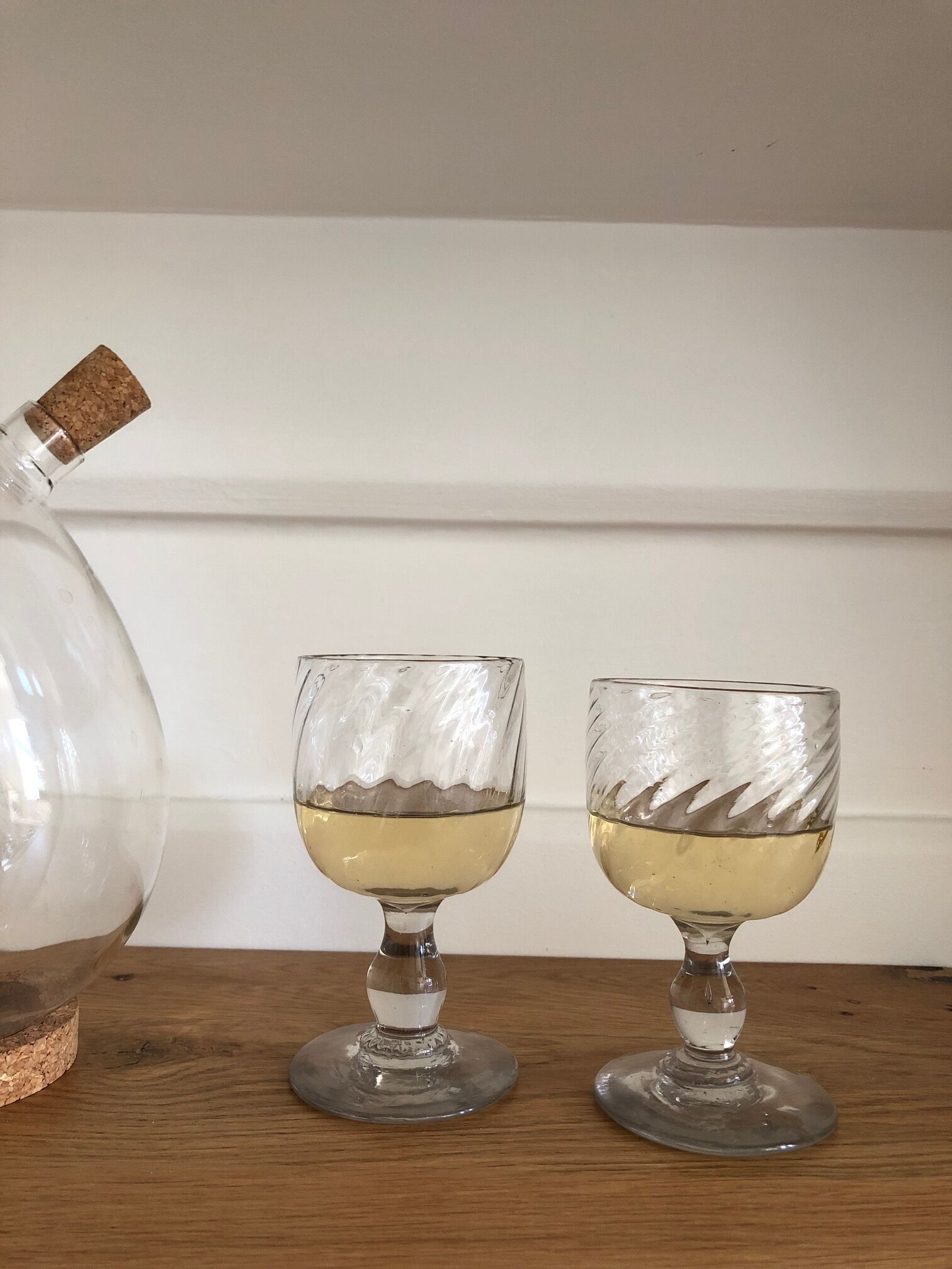 Two old wine glasses, torsaded, blown glass, France - late 19th century