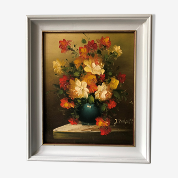 Oil painting on canvas signed representing a bouquet of flowers in a vase