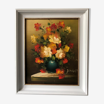 Tableau peinture à l'huile sur toile signé représantant un bouquet de fleurs dans un vase