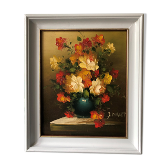 Oil painting on canvas signed representing a bouquet of flowers in a vase