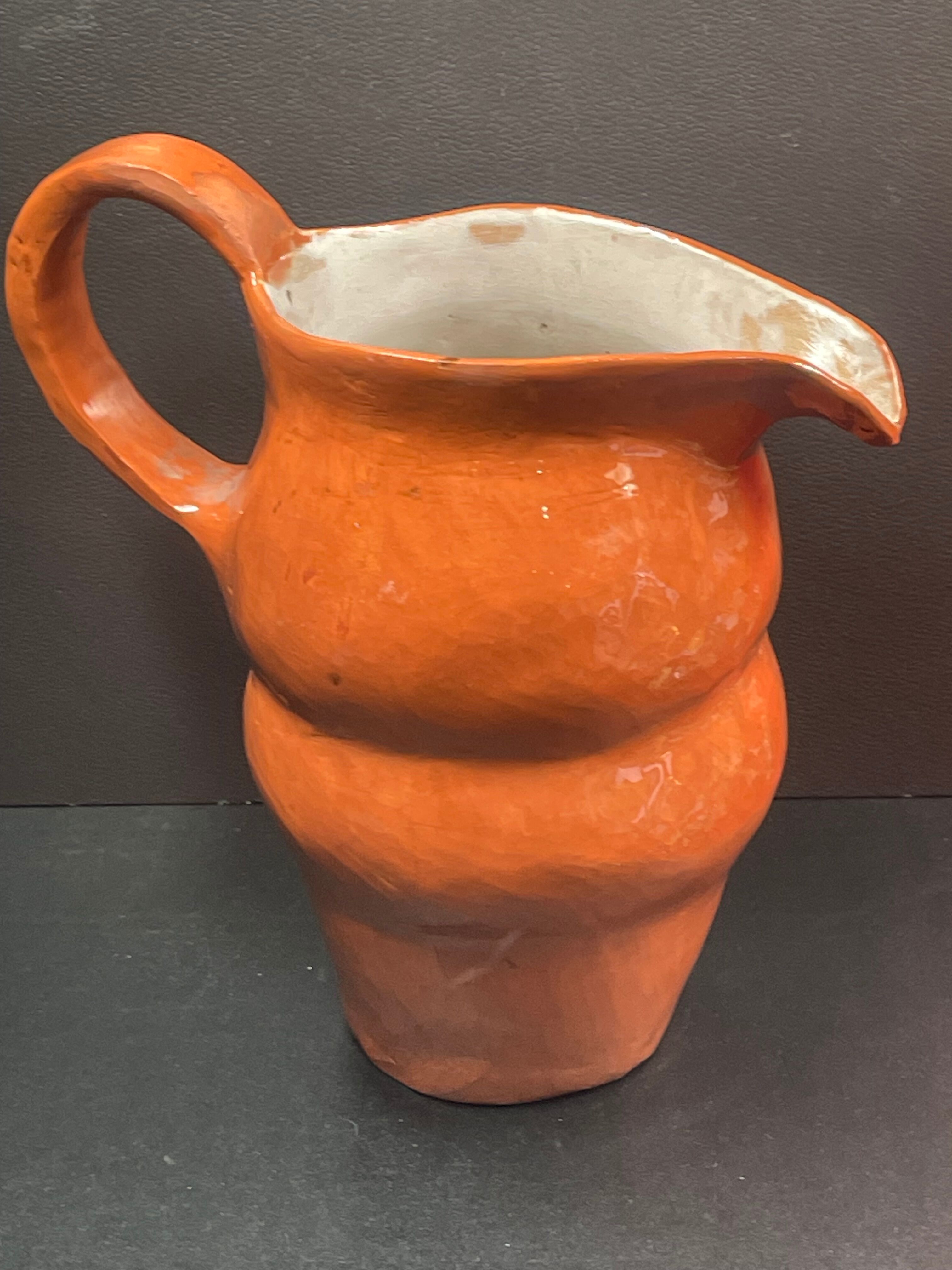 Unusual Pitcher Ceramic in stoneware or glazed earth Signed EL
