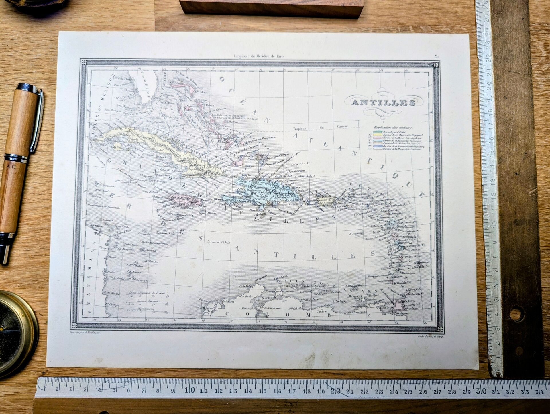 The Antilles, old map, printed in 1852.