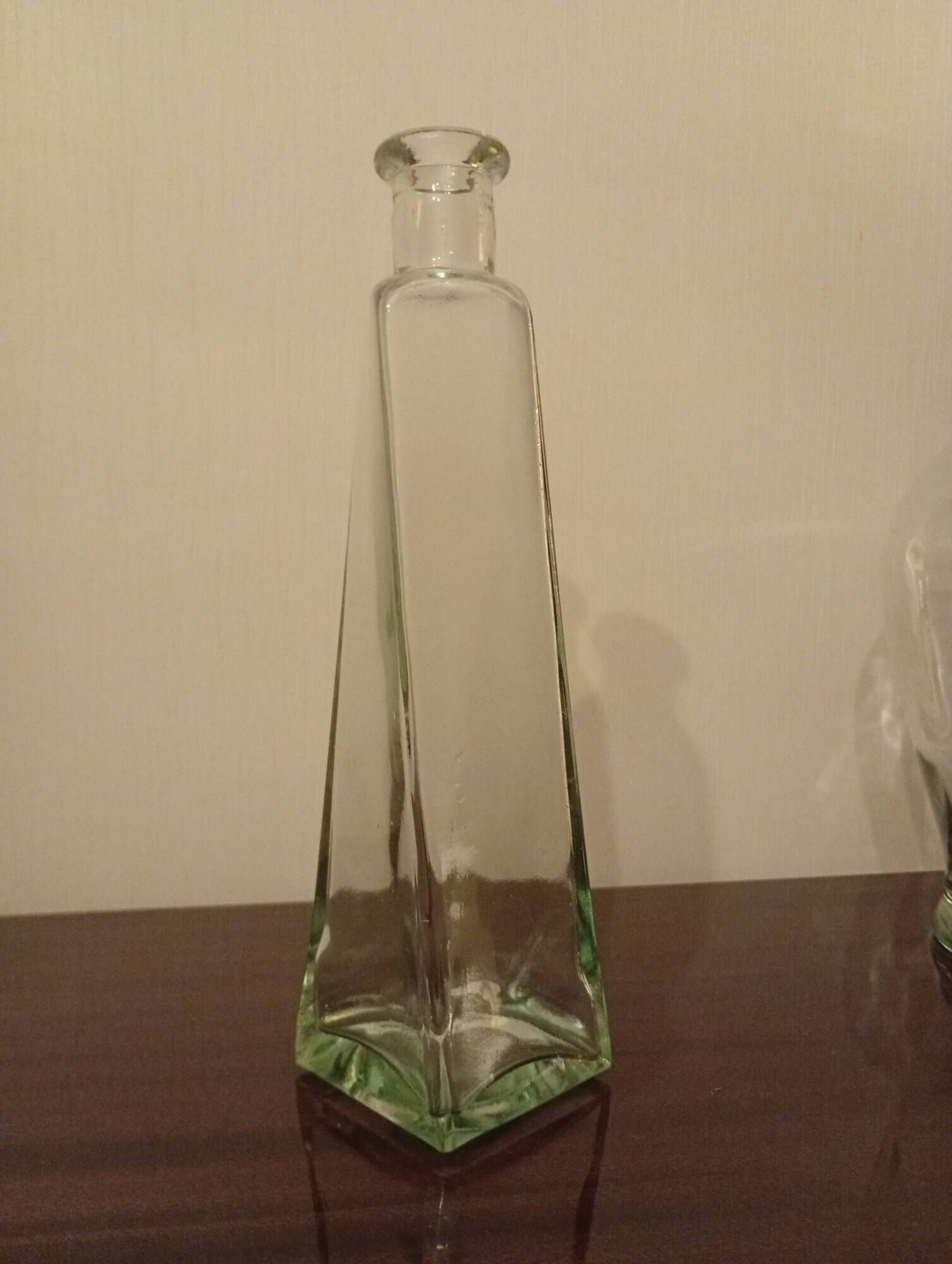 Green blown glass carafe/vase with chrome metal lid, vintage.