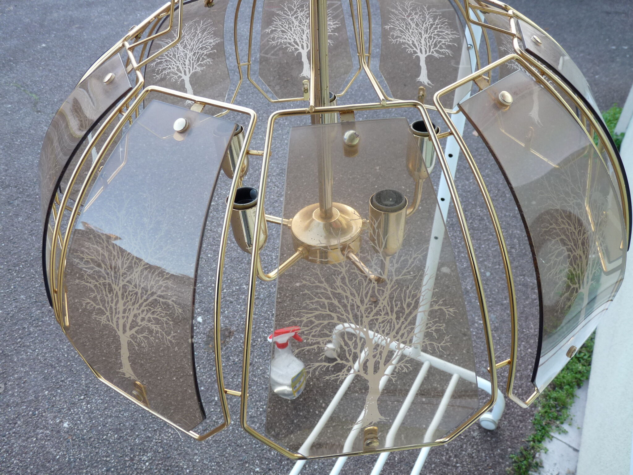 Lustre doré 5 feux verre fumé arbre