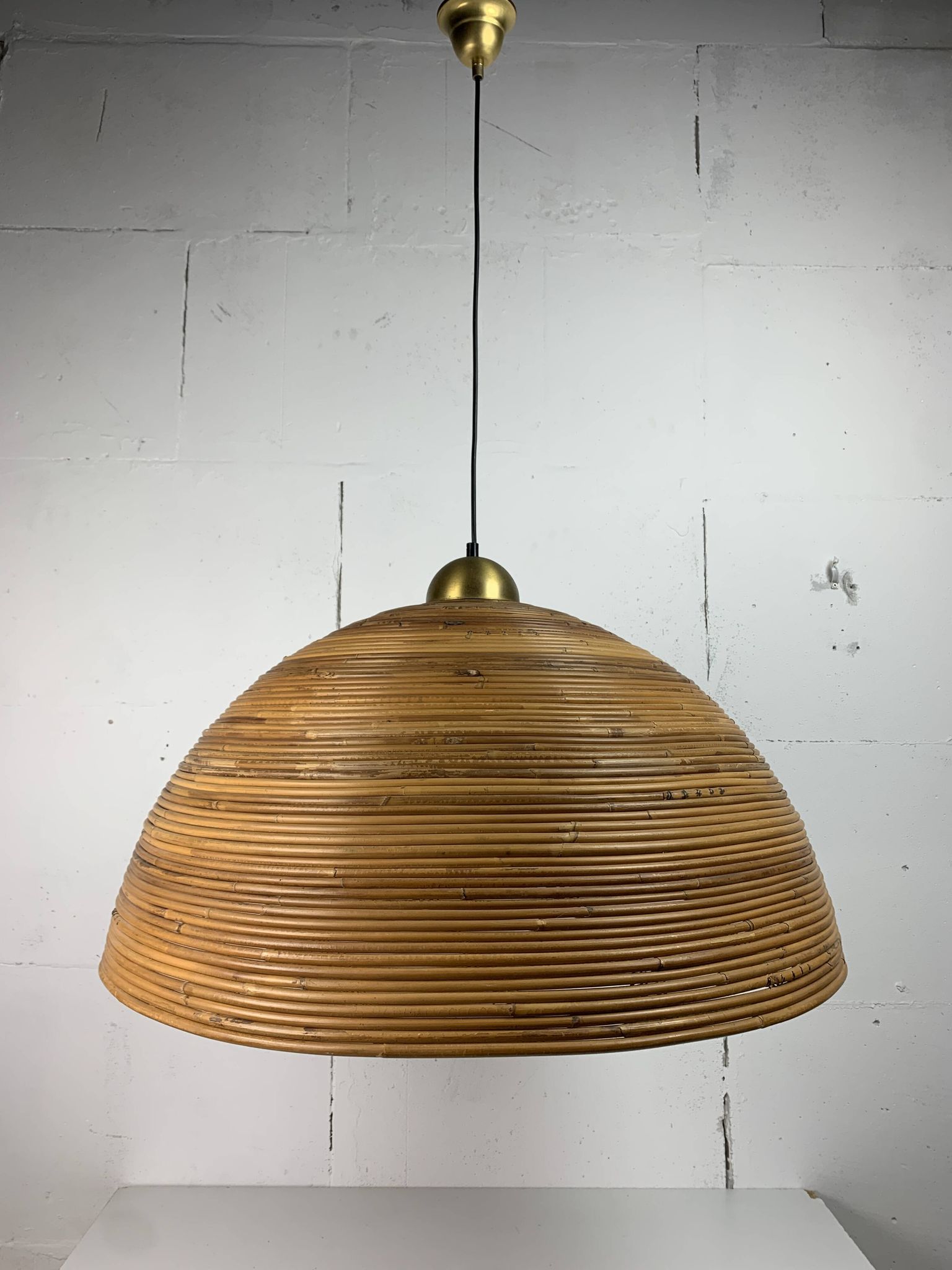 XL 71 cm Pencil Reed, Rattan, Bamboo and Brass Pendant Hanging Lamp, Italy