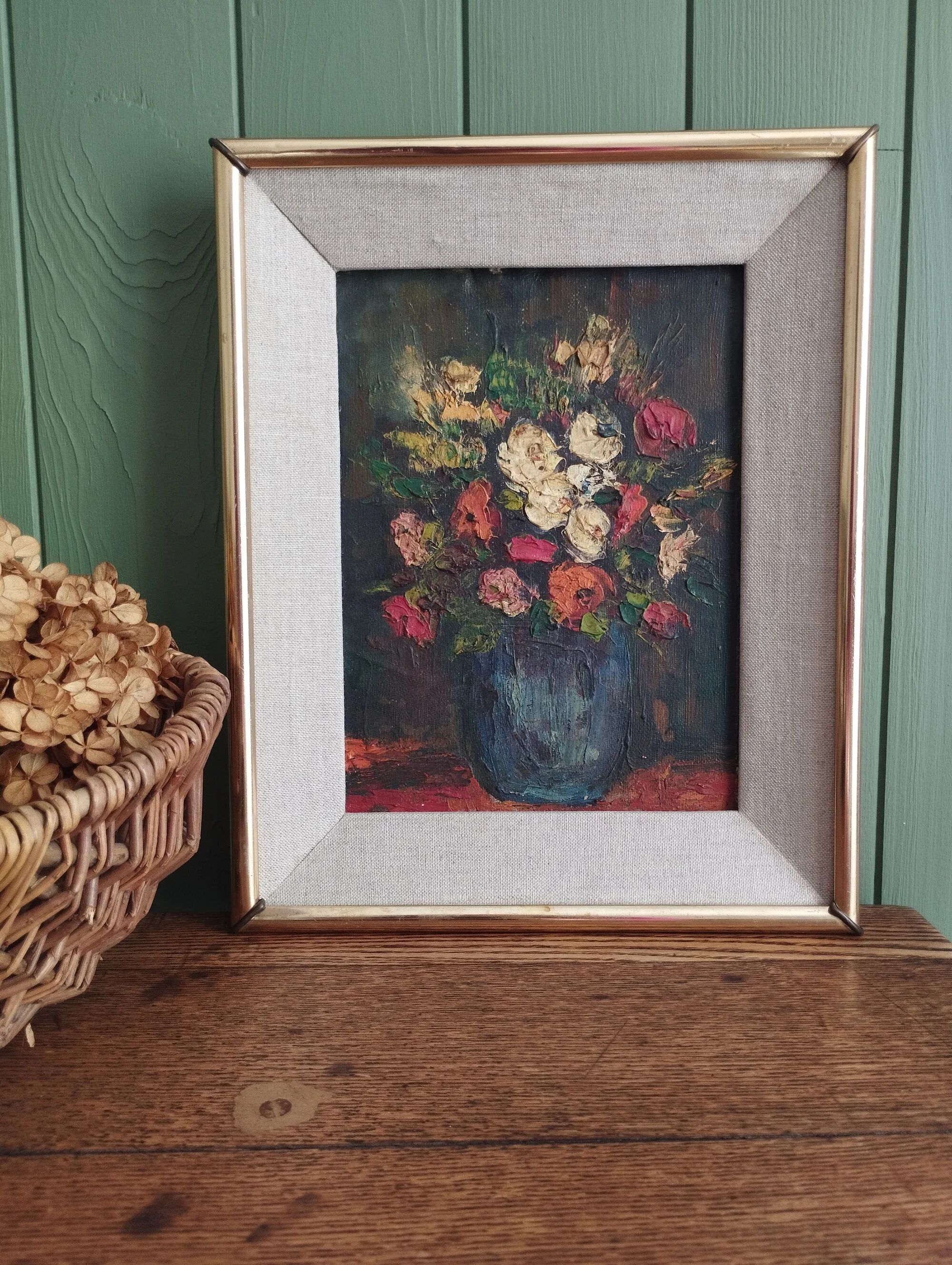 Bouquet de fleurs - Huile sur toile encadrée.