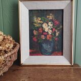 Bouquet de fleurs - Huile sur toile encadrée.