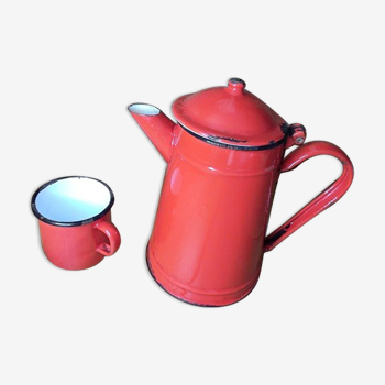 Théière tasse en métal émaillé rouge ancienne vintage dp 11210021