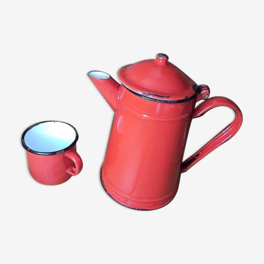 Théière tasse en métal émaillé rouge ancienne vintage dp 11210021 | Selency