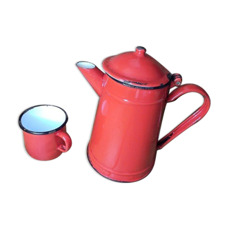 Théière tasse en métal émaillé rouge ancienne vintage dp 11210021