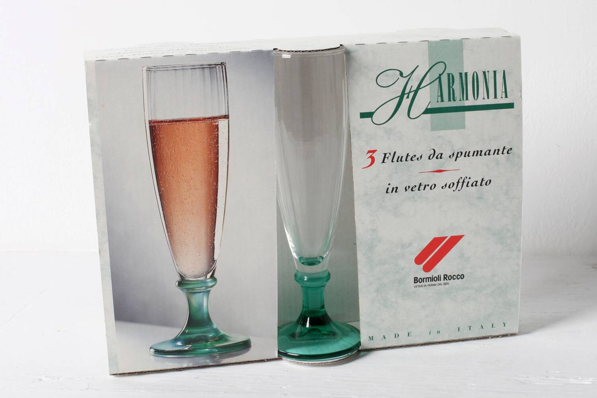 Set of 3 Vintage Green Stem Champagne Flutes: Bormioli Rocco Harmonia, 1990