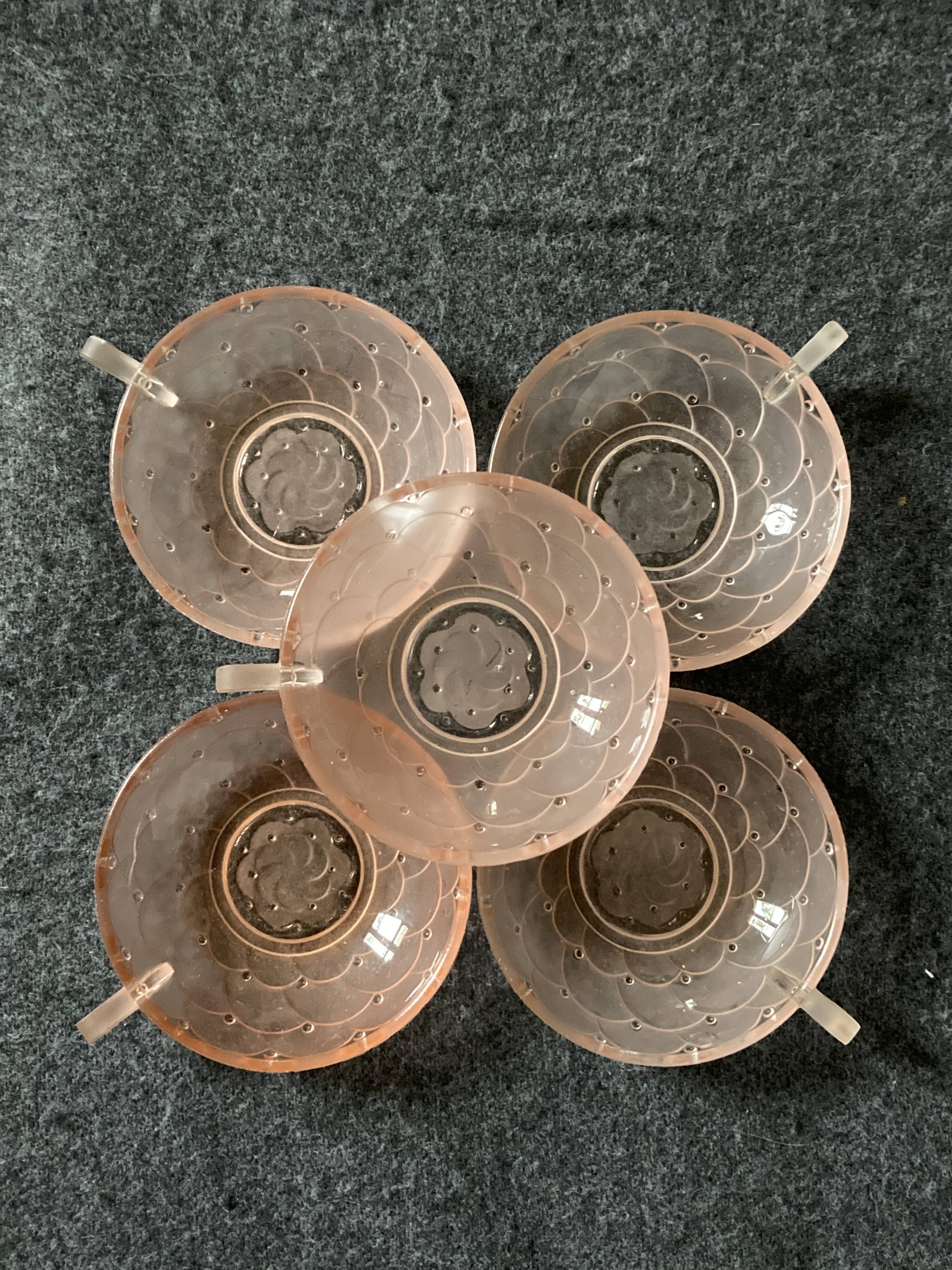 5 art deco cups pink old glass