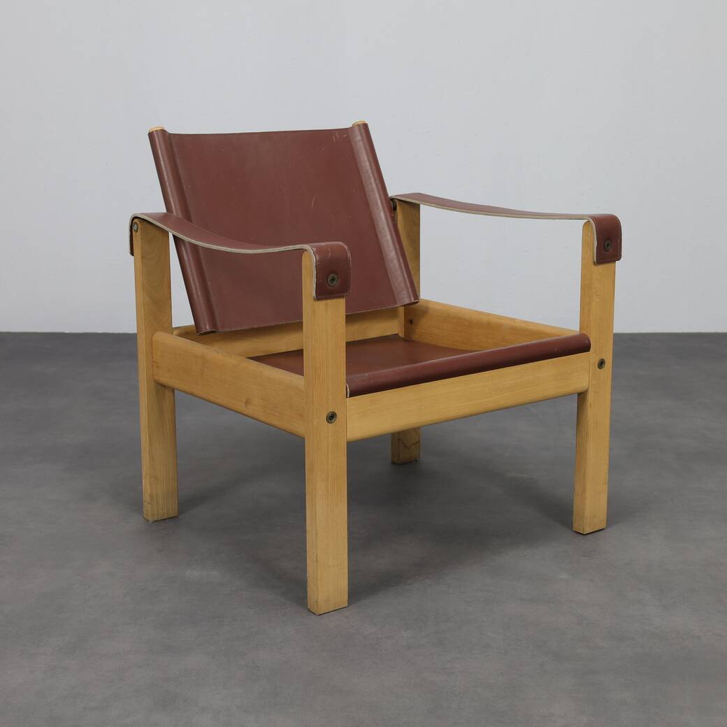 Set of 2 lounge chairs in teak and saddle leather by Karl Heinz Bergmiller for Escriba, Brazil, 1970s