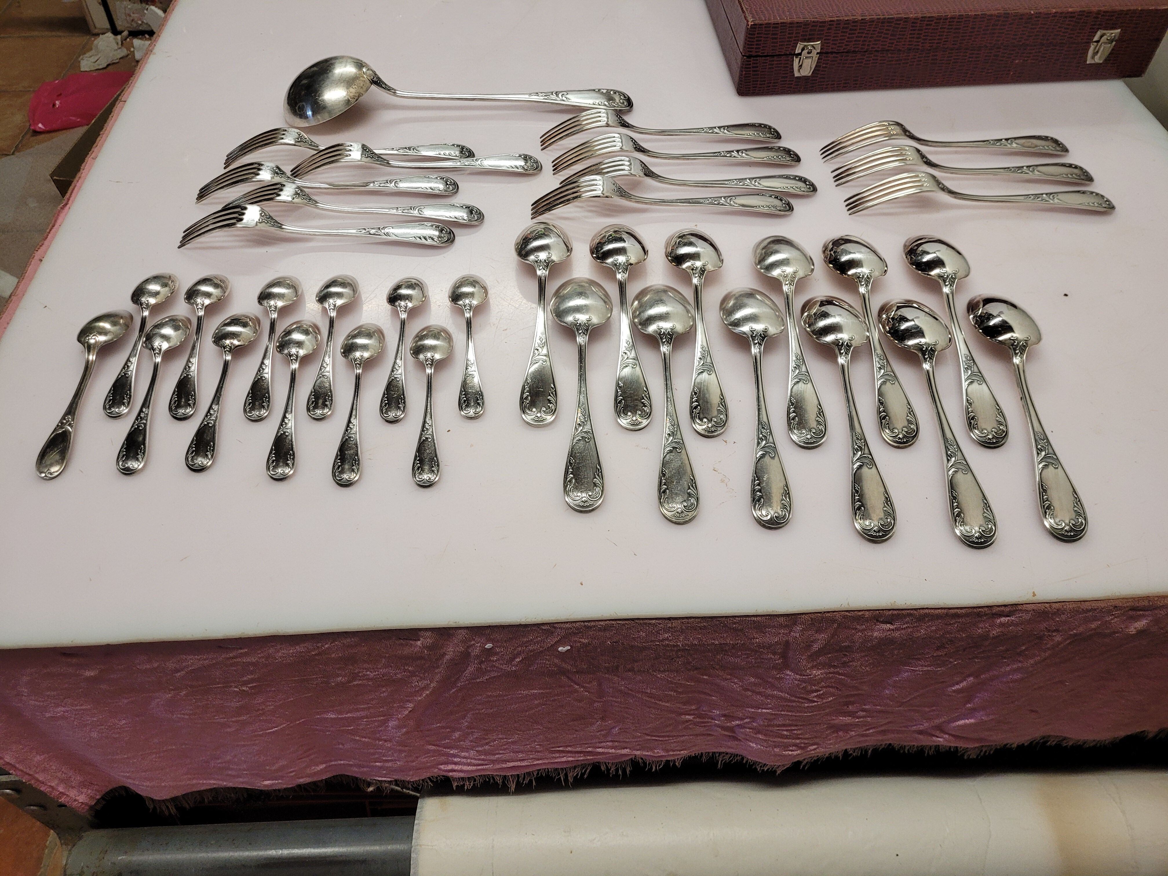 Old silver metal service with box