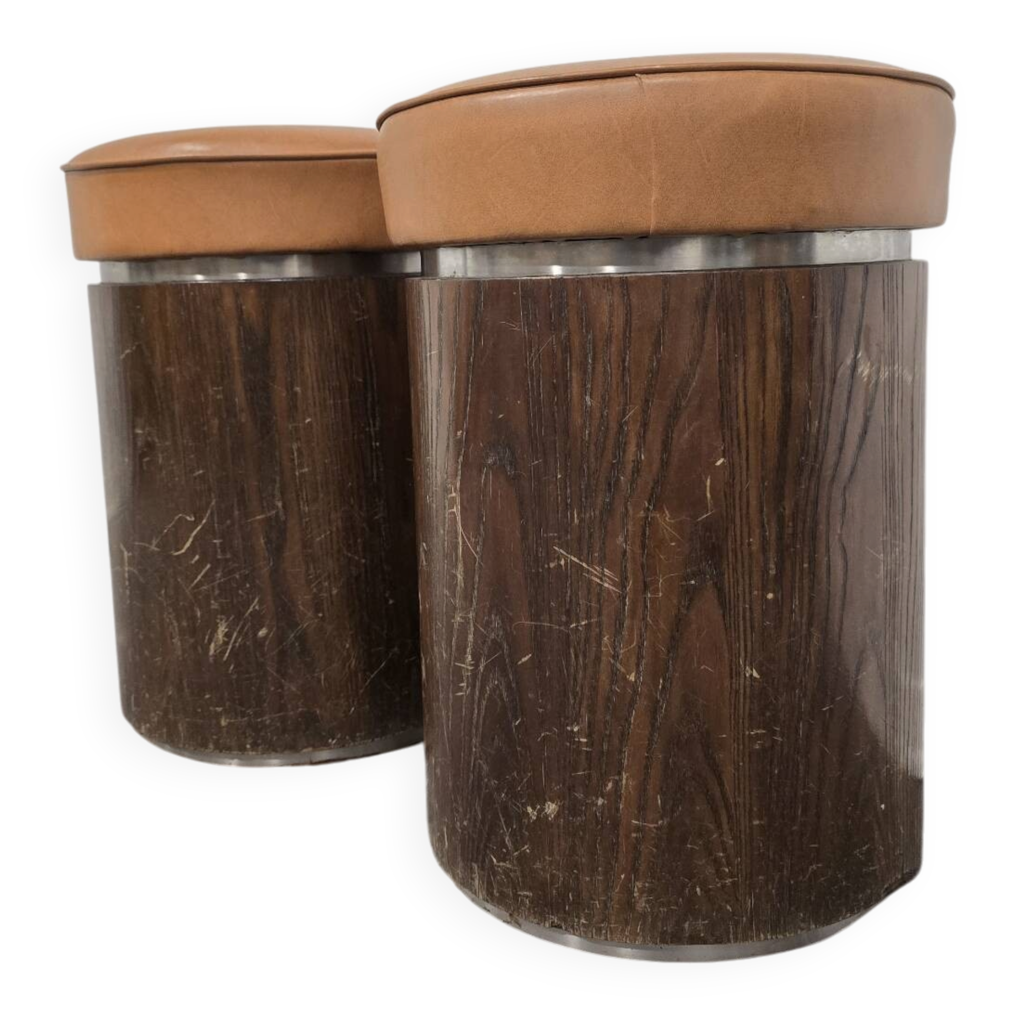 1970s Vintage Wooden Stool – Faux Leather Cushion & Aluminium Trim