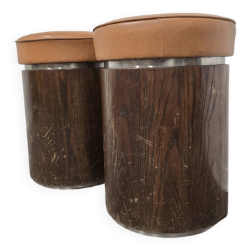 Tabouret en bois vintage des années 1970 – Coussin en simili cuir et finition en aluminium