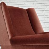 Fauteuil danois à dossier haut, années 1970, velours d'ameublement rose saumon, bois de hêtre.