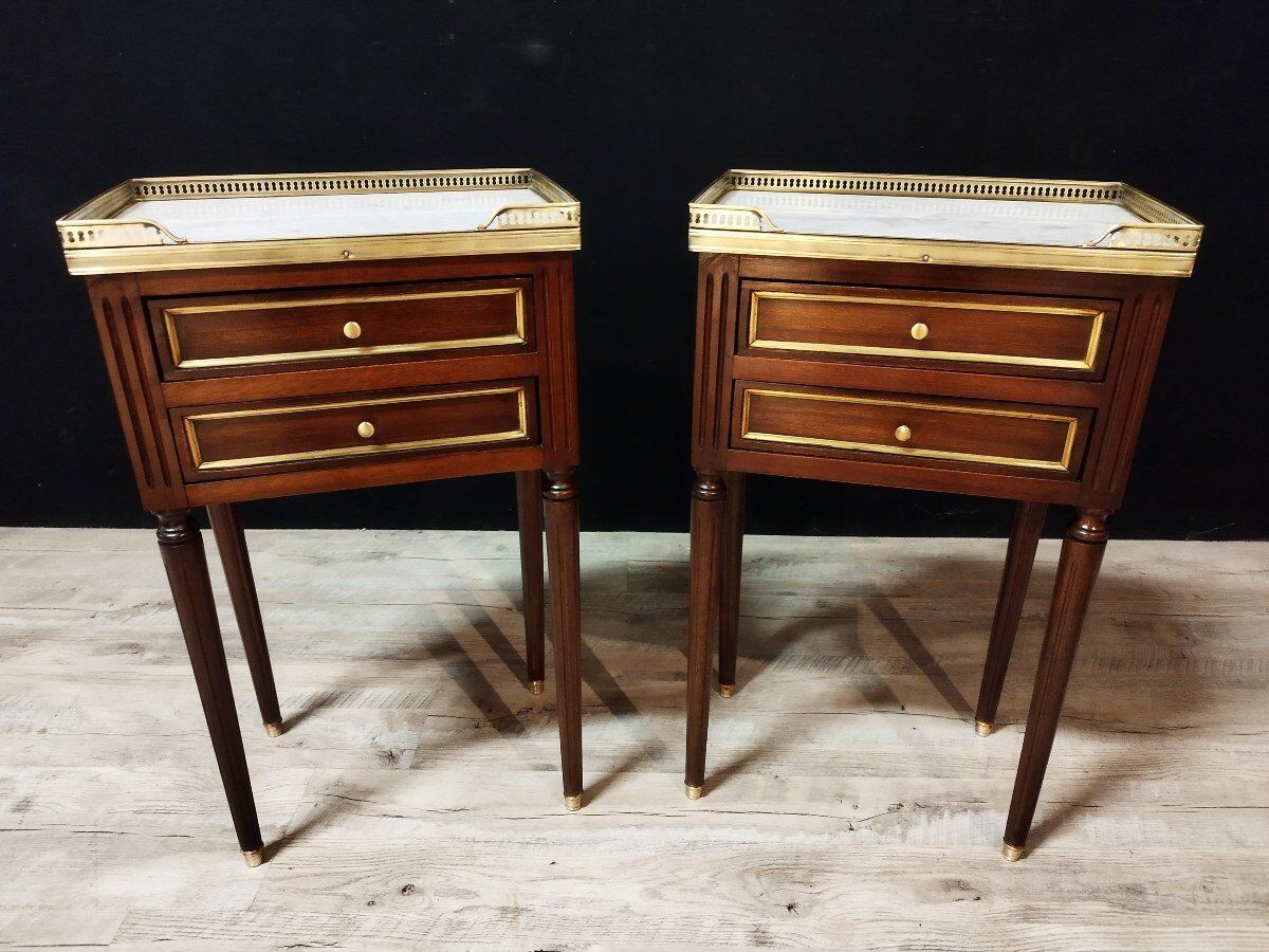Pair of Louis XVI style bedside tables in mahogany
