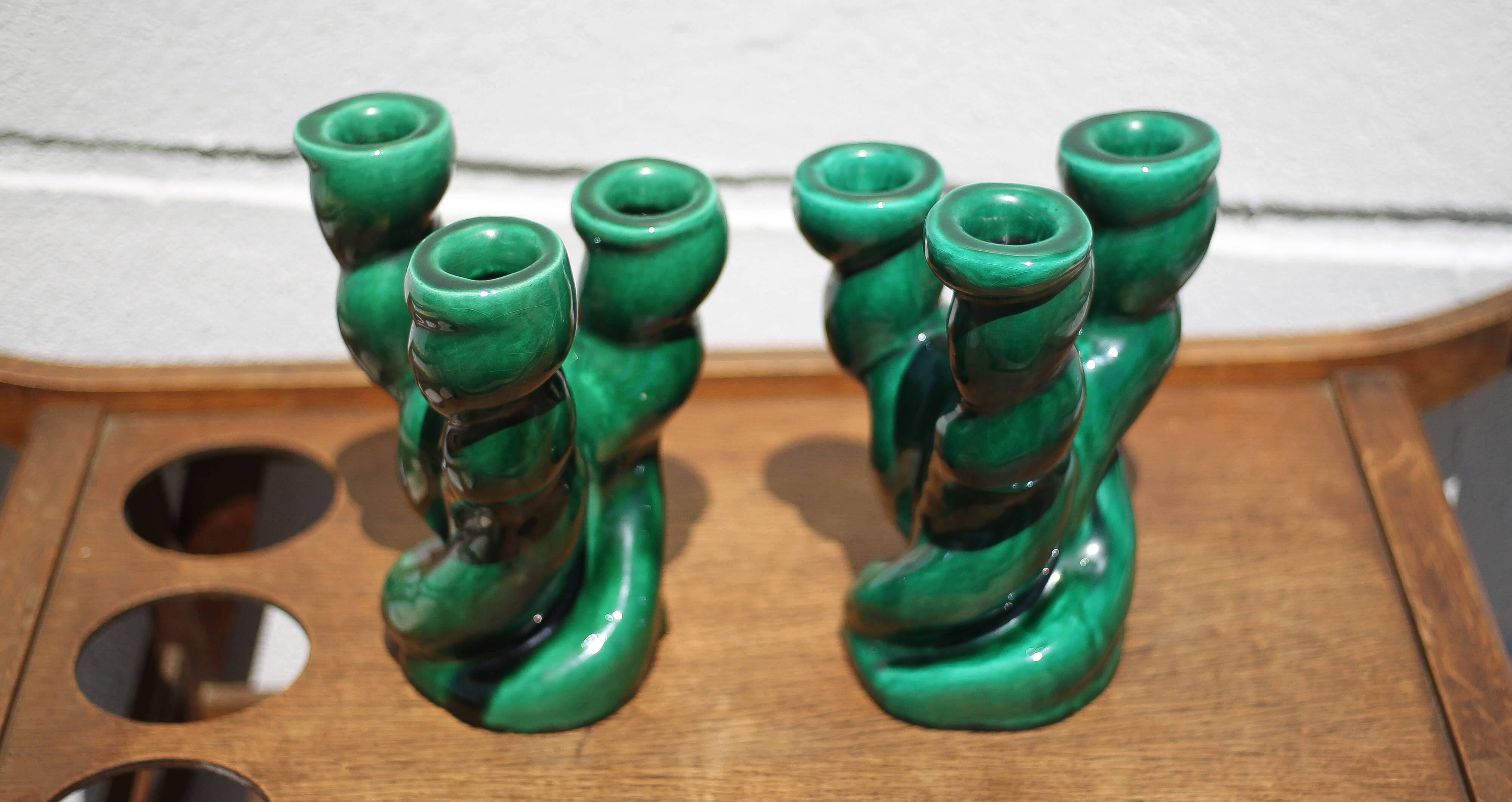 Pair of twisted green ceramic candlesticks, 3-branched candlestick, Vallauris style emerald candelabra