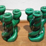 Pair of twisted green ceramic candlesticks, 3-branched candlestick, Vallauris style emerald candelabra