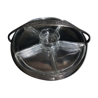 Old servant dish with silver metal compartments and wiskemann glass