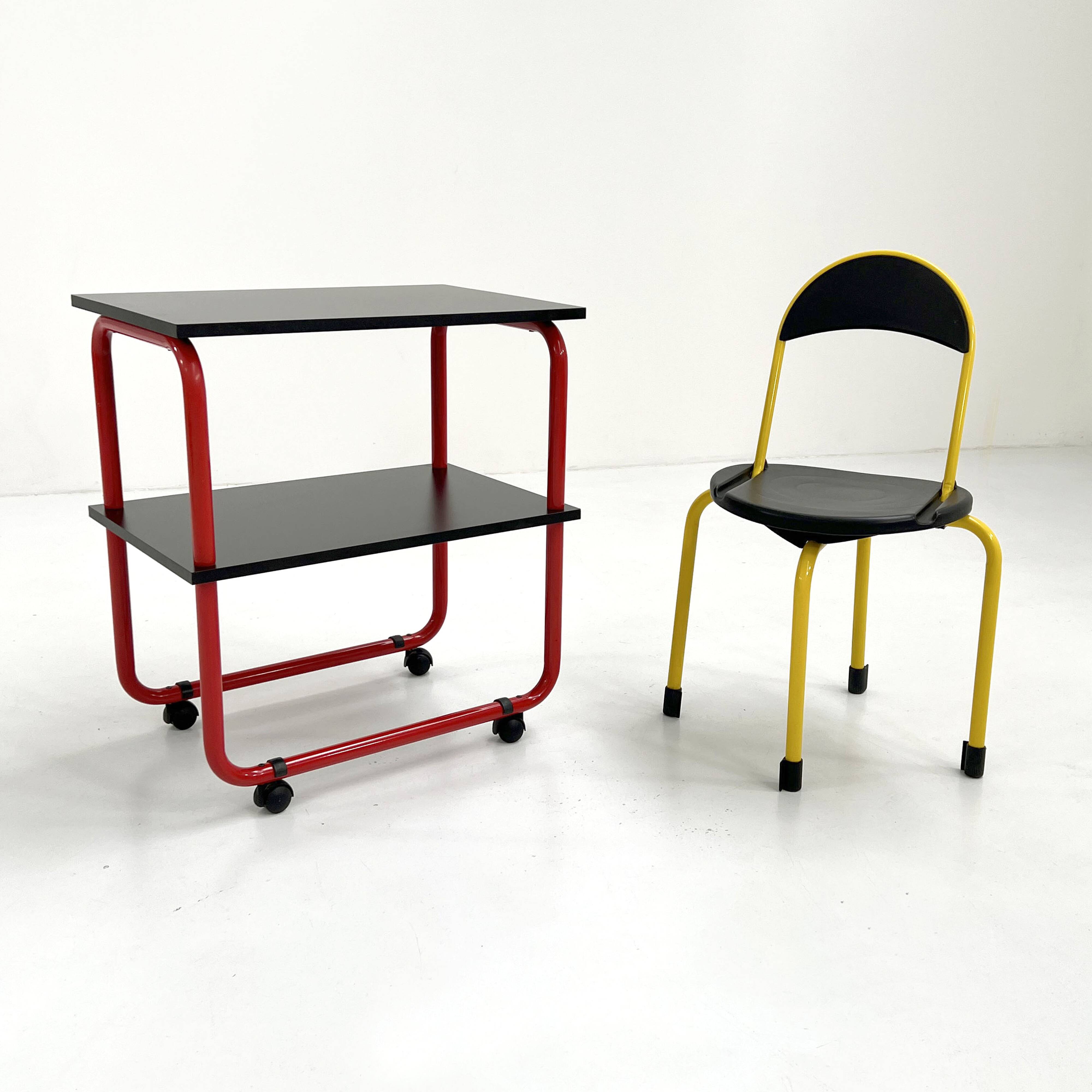 Tubular metal and wood serving trolley, 1980