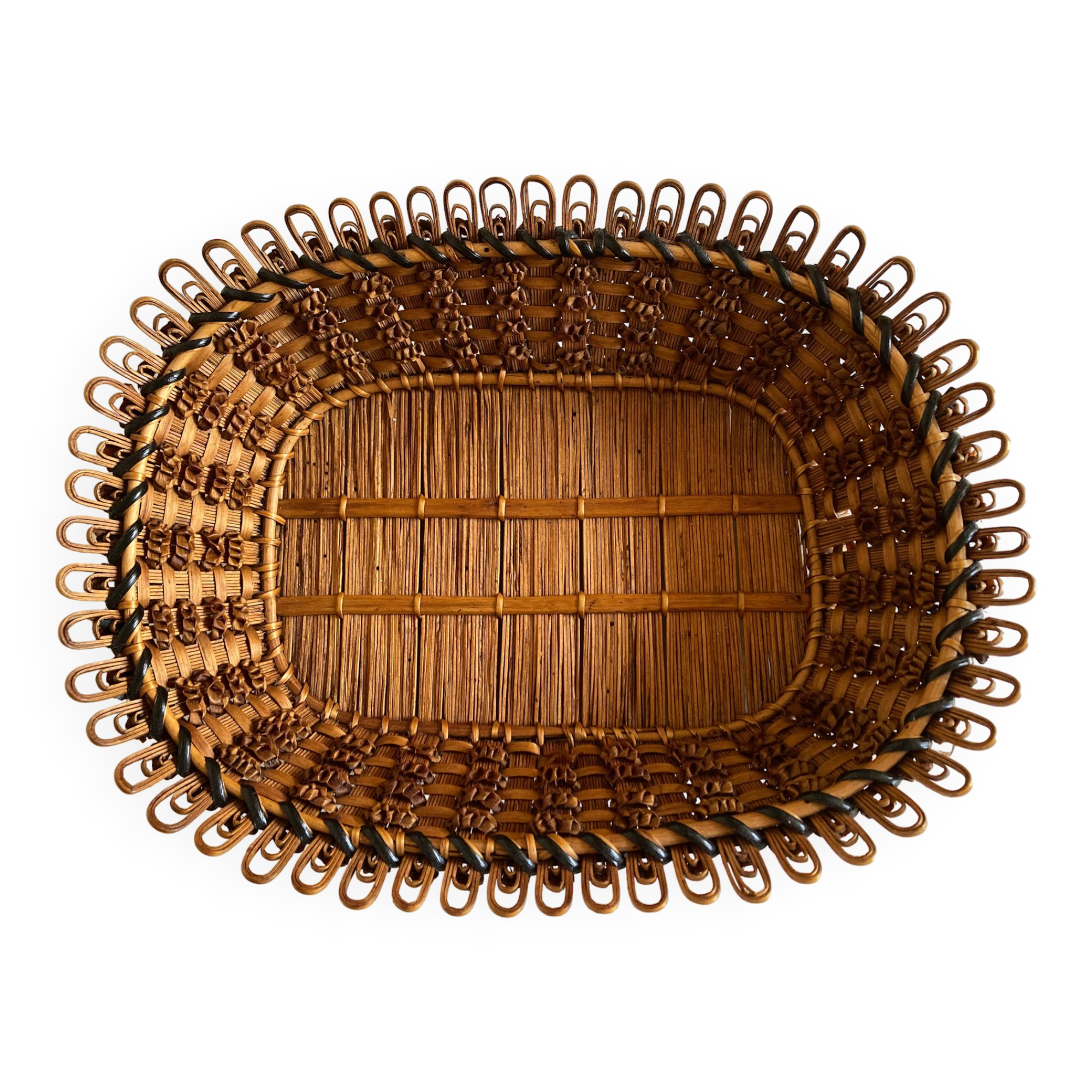 19th-century wicker basket embroidered by folk artisans.