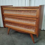 Commode vintage rotin pieds compas