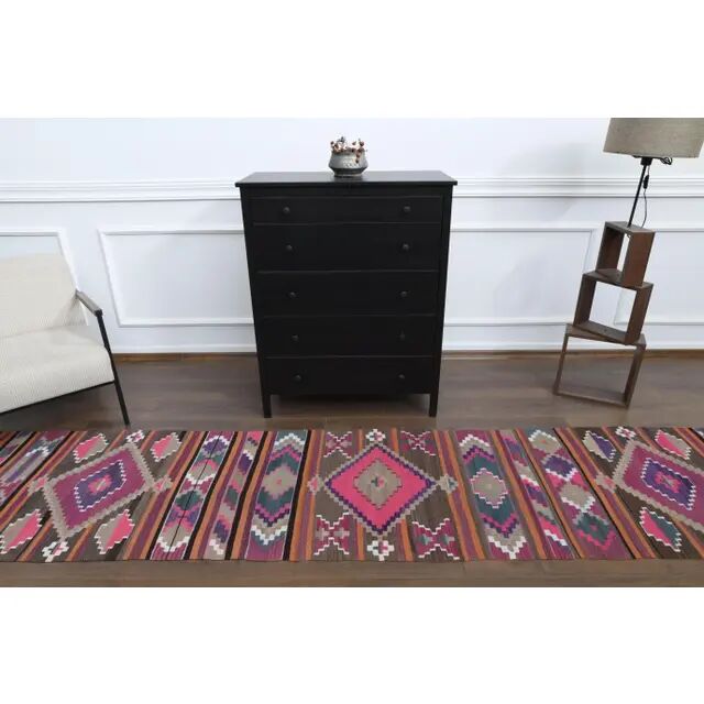 1970s Vintage Turkish Oushak Handmade Wool Cotton Pink Runner Rug 76x375