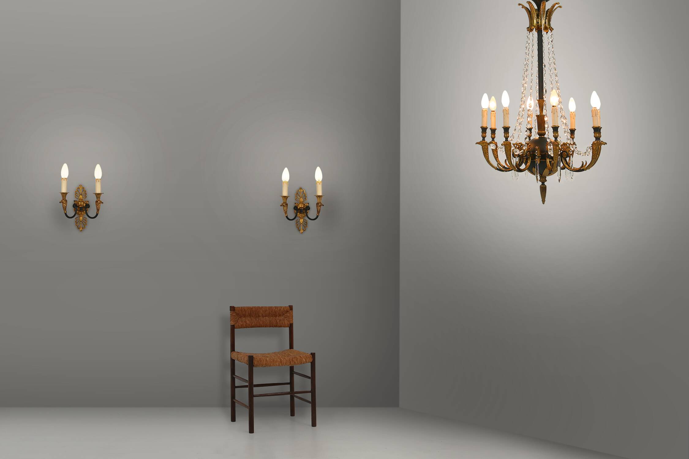 Impressive set of a large bronze Empire Chandelier with 2 wall lights, Belgium ca. 1950