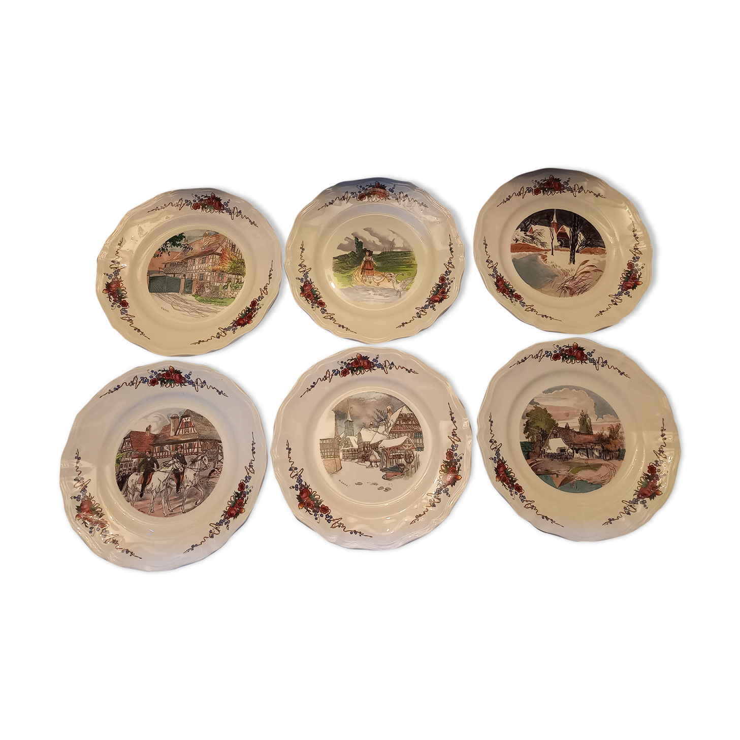 6 flat plates Sarreguemines Obernai décor Alsace