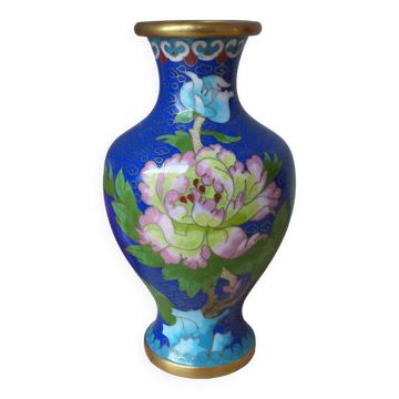 Old small blue cloisonné brass vase with pink peony flower motif
